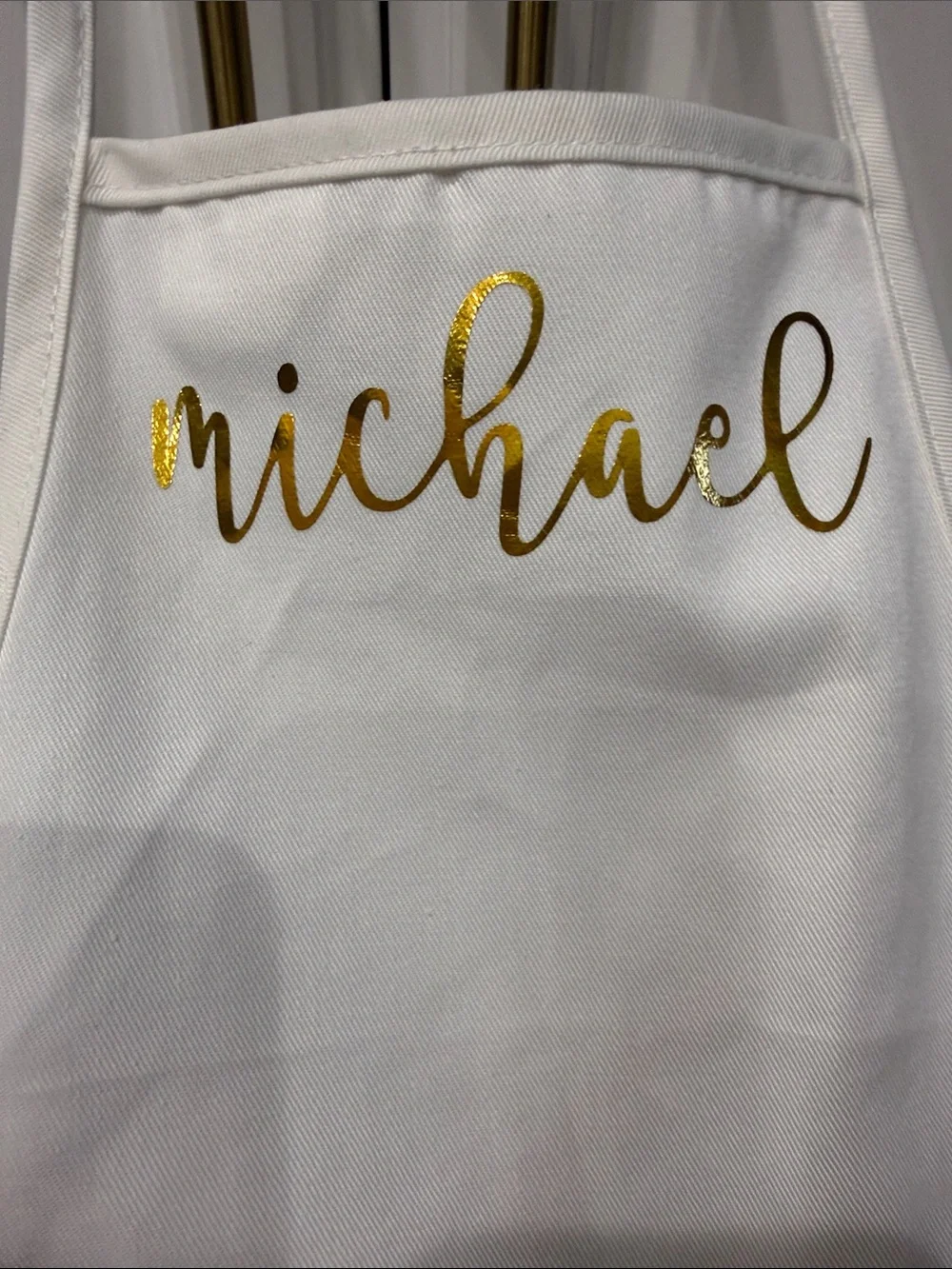 Personalized White Apron with Gold Script - Michael